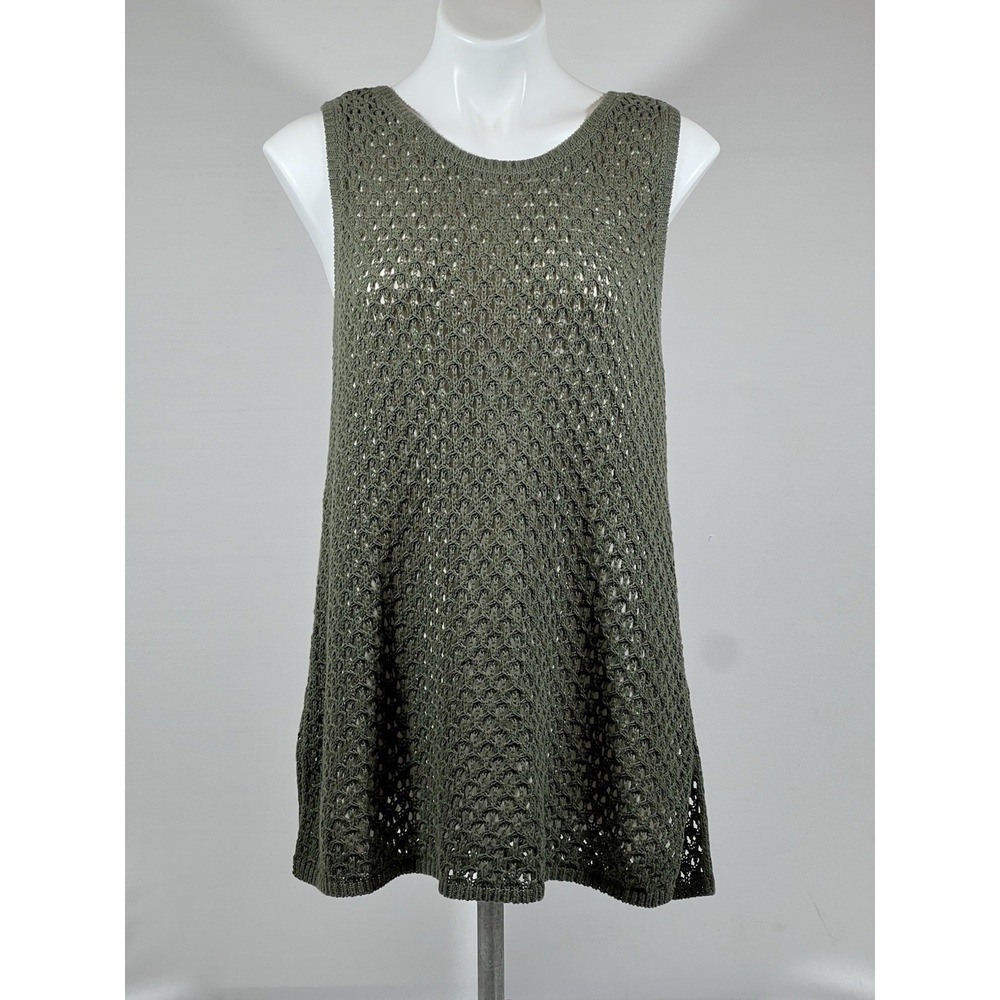 White House Black Market Sweater Tank Women XL Green Cotton Knit Classic Boho
